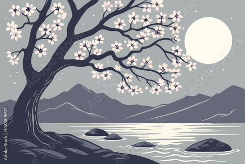 149 ink wash painting style, cherry blossom tree, moody atmosphere, silhouette mountains, full moon, rocks in water, realistic traditional asian art