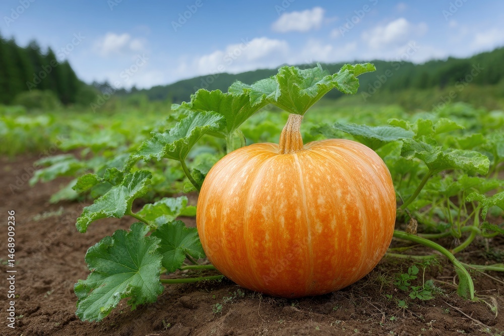 Obraz premium Ripe Orange Pumpkin in Rustic Autumn Field: Vibrant Harvest Scene