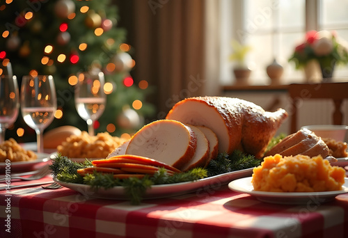 Festive Christmas Dinner Table with Roasted Turkey and Holiday Decorations