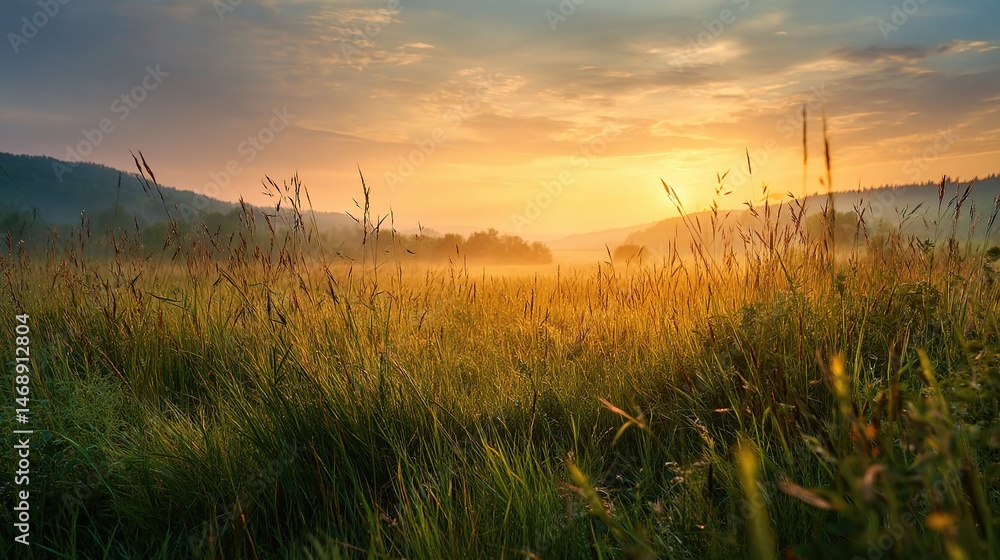 Fototapeta premium Serene Meadow at Sunrise with Calm Environment and Beautiful Sky
