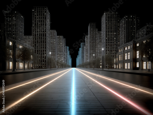 a dark cyberpunk-inspired 3d illustration with neon blue and pink lines creating a dense network of virtual streets and structures.