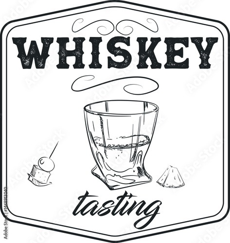 Banner for bar, pub, brush drawing whiskey with ice. Glass with alcohol, lemon, whiskey tasting, drink party