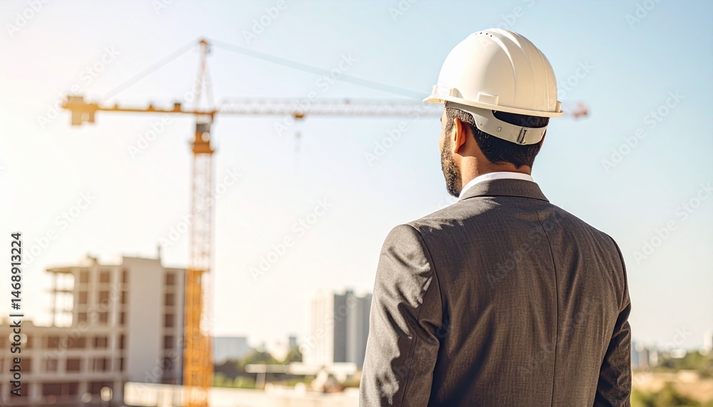 An urban industrial site where a high-rise building is being constructed with a crane moving on the background of a man in a suit An urban industrial site where a high-rise building is being constructed with a crane moving on the background of a man in a suit