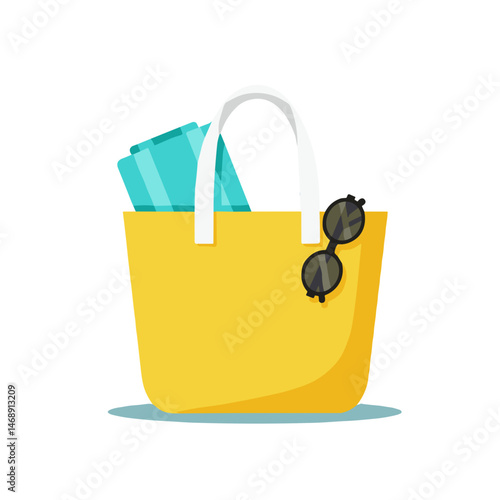 Colorful beach tote bag with sunglasses and towel illustration without background