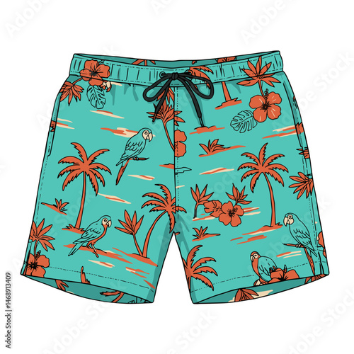 Colorful tropical patterned swim shorts illustration without background
