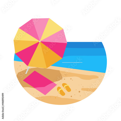 Beach scene with sun umbrella, towel, and flip-flops illustration without background
