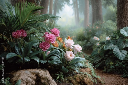 Misty Forest Path: Lush Blooms in a Serene Setting
