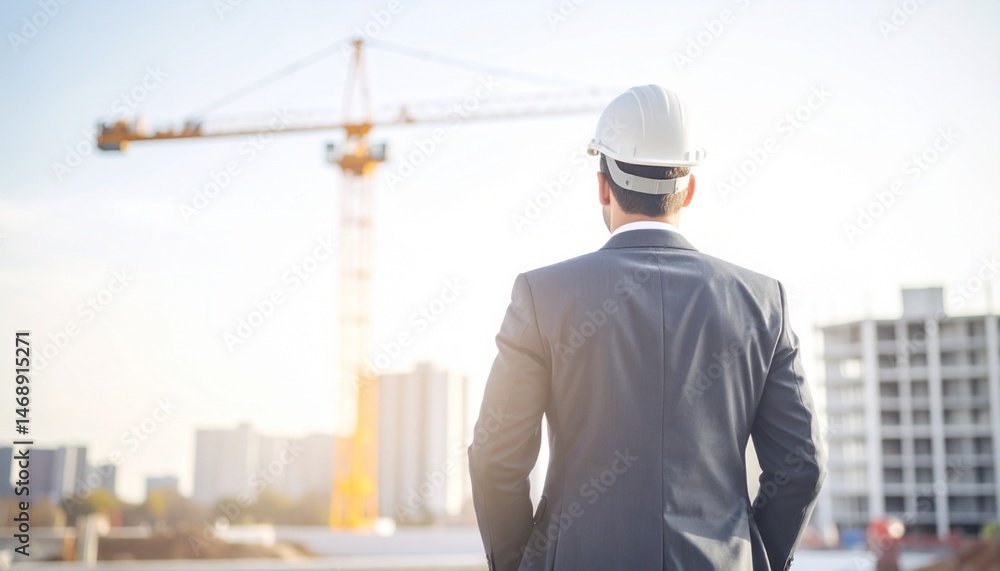 An urban industrial site where a high-rise building is being constructed with a crane moving on the background of a man in a suit An urban industrial site where a high-rise building is being constructed with a crane moving on the background of a man in a suit