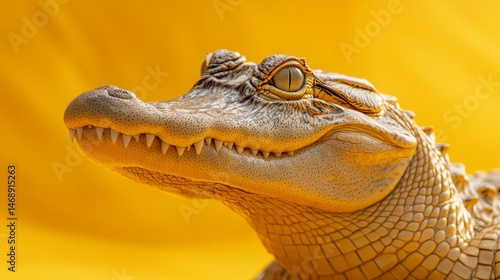 Close-up portrait of a young alligator against a vibrant backdrop.