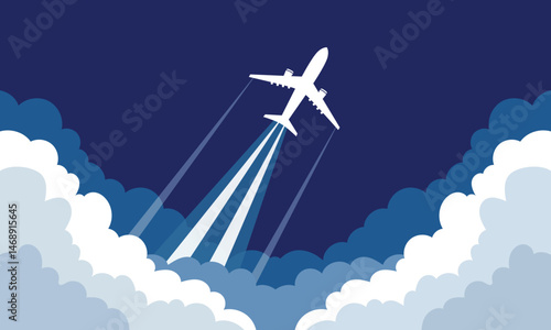 Airplane flying over the clouds. Airplane takeoff with clouds and background for text. Abstract air path of flight airplane. Vector illustration.