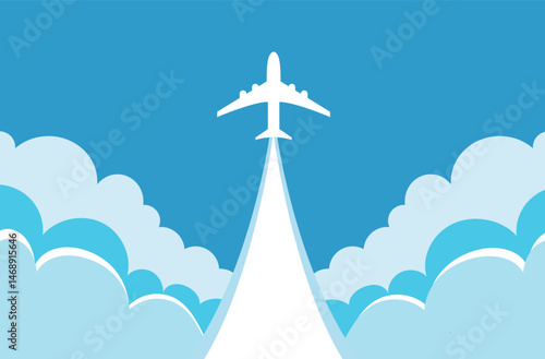 Airplane takeoff with clouds and background for text. Abstract air path of flight airplane. Vector white airplane flying up in the cloudy sky on blue sky. Vector illustration.