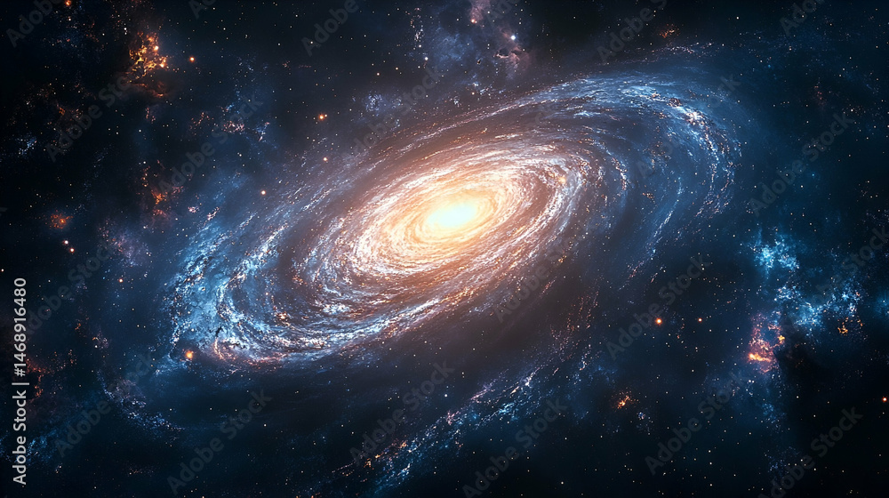 Obraz premium Spiral galaxy, vibrant cosmic display in deep space.