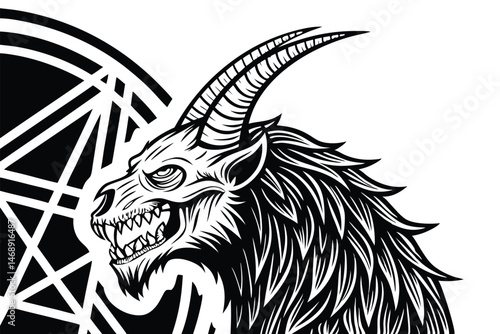 151 dark gothic demonic beast, horned skull creature, monstrous demon with tusks and razor sharp teeth, visceral detailed black and white illustration, highly intricate ornate patterning, grimoire cov