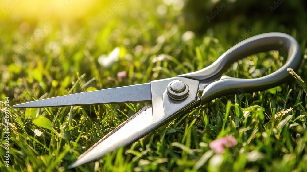 Obraz premium Pair of pruning shears reflecting sunlight on green grass