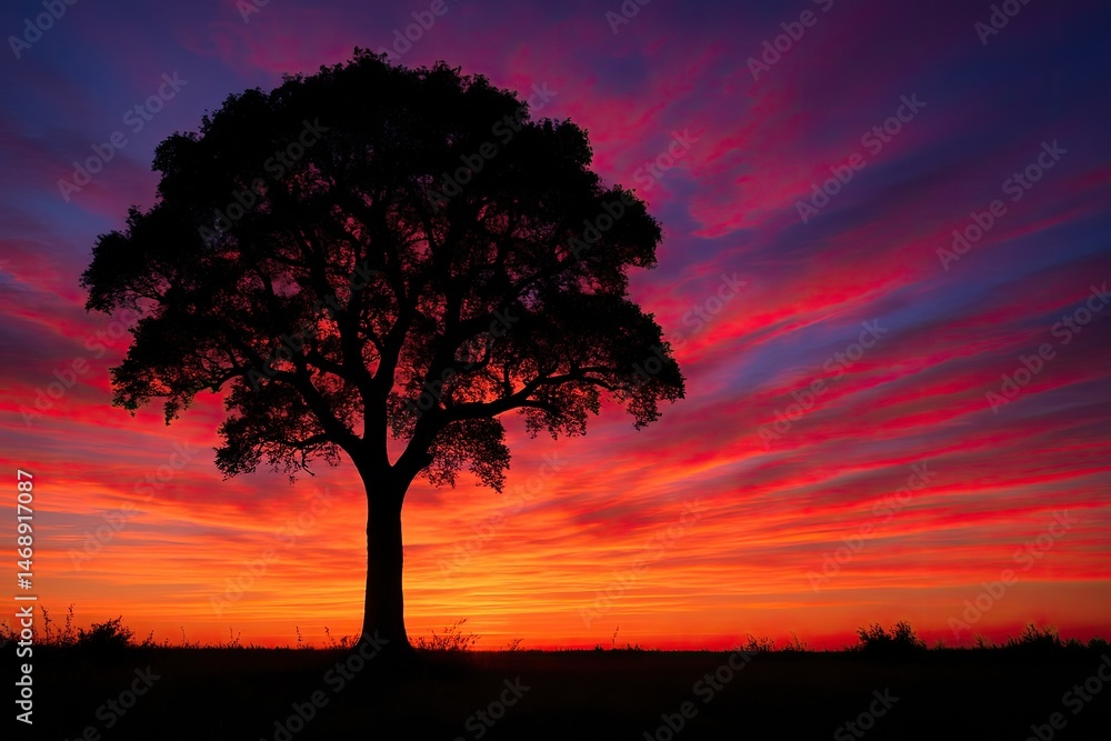 Fototapeta premium Majestic Tree Silhouette Against Vivid Sunset Sky with Colors