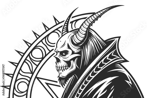 151 dark gothic demonic beast, horned skull creature, monstrous demon with tusks and razor sharp teeth, visceral detailed black and white illustration, highly intricate ornate patterning, grimoire cov