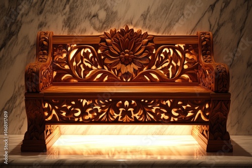 A meticulously carved wooden bench with floral patterns, radiating warmth with soft lighting against a marble-like backdrop.