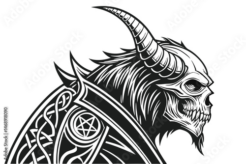 151 dark gothic demonic beast, horned skull creature, monstrous demon with tusks and razor sharp teeth, visceral detailed black and white illustration, highly intricate ornate patterning, grimoire cov