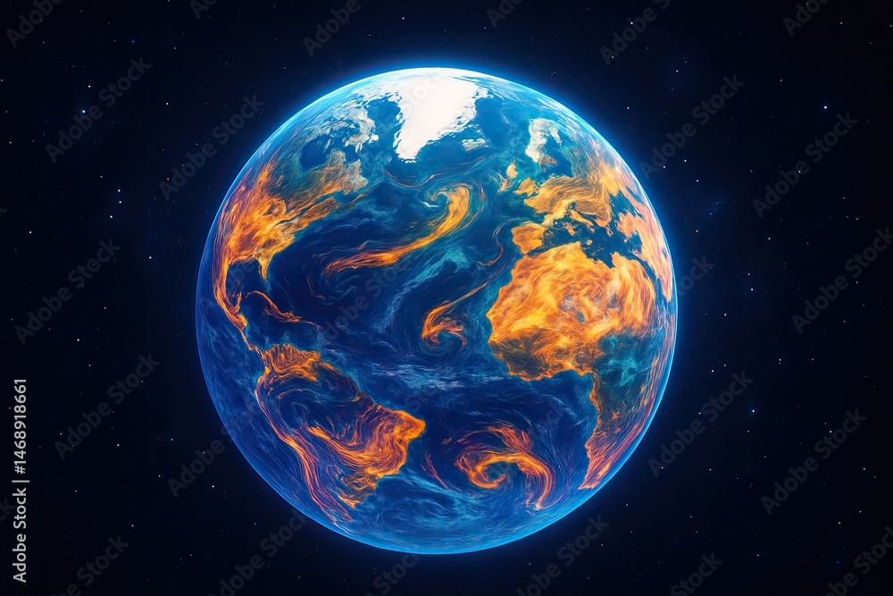 Obraz premium Vivid Earth Globe with Fiery Swirls in a Cosmic Background