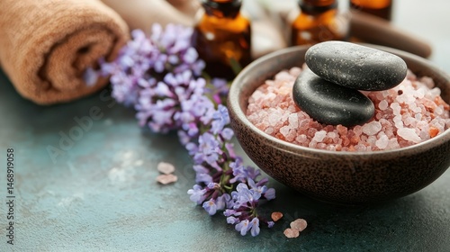 A spa scene with a bowl of sea salt, essential oils, and stones placed for a stress-relieving treatment.