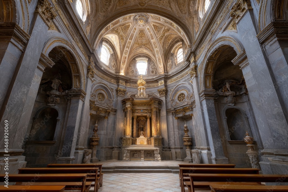 Fototapeta premium Serene Marble Chapel: Gilded Altar and Domed Ceiling