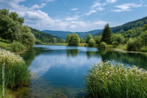 Serene Lake Landscape: Tranquil Water, Lush Greenery, and Gentle Hills