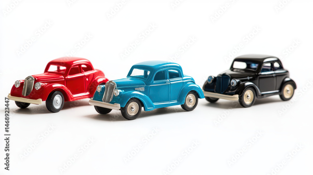 Fototapeta premium Classic toy cars in red, blue, and black colors, showcasing vintage design and craftsmanship. These miniature vehicles evoke nostalgia and charm