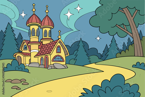 154 a fantastical landscape with a whimsical village, colorful houses with ornate roofs and towers, surrounded by a winding golden path, set against a vibrant blue sky with fluffy clouds, magical and 