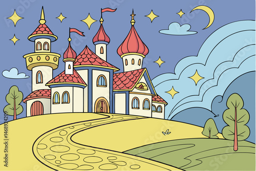 154 a fantastical landscape with a whimsical village, colorful houses with ornate roofs and towers, surrounded by a winding golden path, set against a vibrant blue sky with fluffy clouds, magical and 