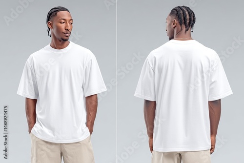 Oversized White T-Shirt On Man, Front And Back View