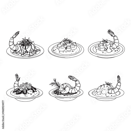 Minimalist line art of shrimp and grits food plate