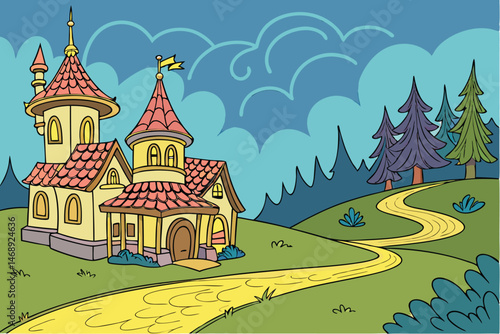 154 a fantastical landscape with a whimsical village, colorful houses with ornate roofs and towers, surrounded by a winding golden path, set against a vibrant blue sky with fluffy clouds, magical and 