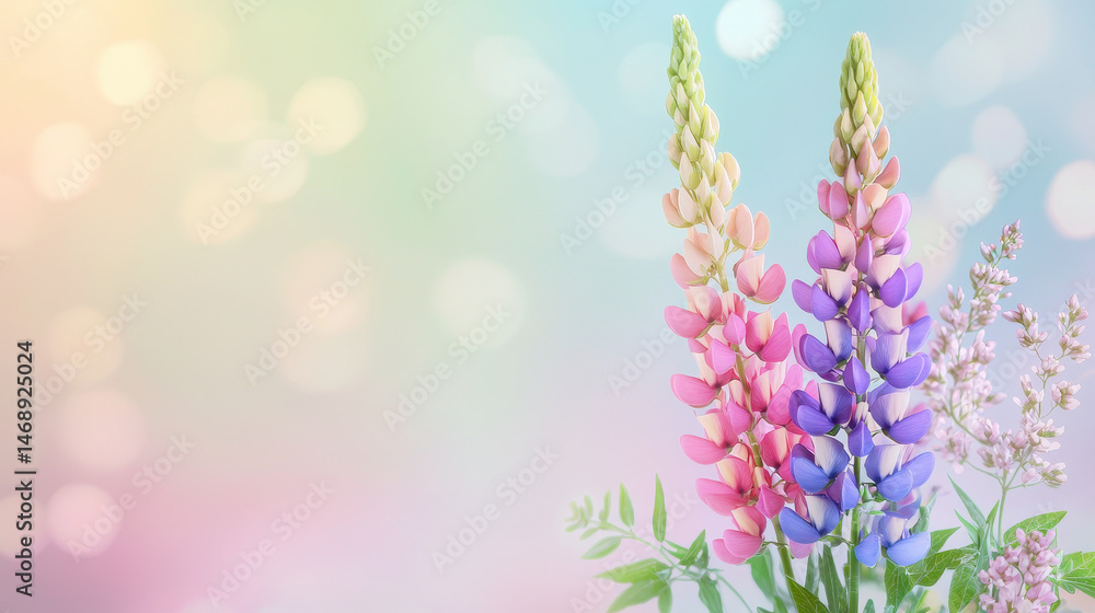 Obraz premium Lush flowers vibrant colors, including pink, purple, and white, create serene and cheerful atmosphere. soft bokeh background enhances beauty