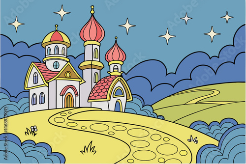 154 a fantastical landscape with a whimsical village, colorful houses with ornate roofs and towers, surrounded by a winding golden path, set against a vibrant blue sky with fluffy clouds, magical and 