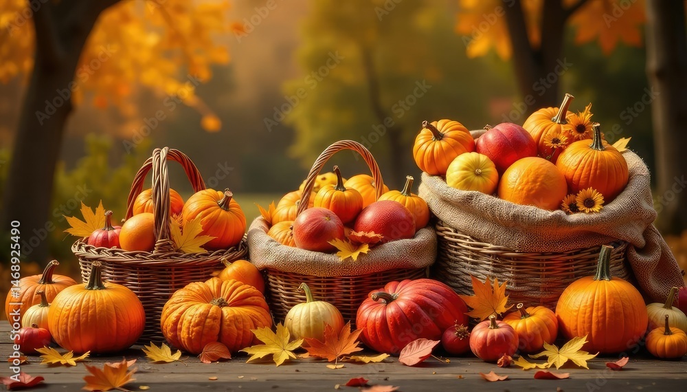 Abundant autumn harvest bounty overflowing from baskets and burlap sacks , abundance, brown, burlap Abundant autumn harvest bounty overflowing from baskets and burlap sacks , abundance, brown, burlap