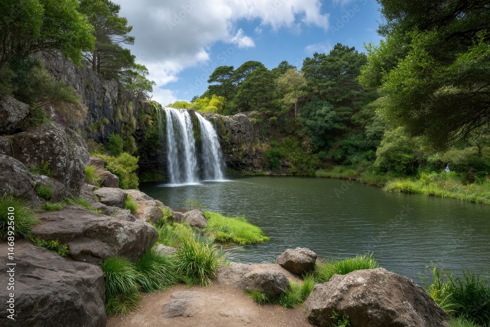 Obraz premium Serene Waterfall Cascading into Tranquil Pond: Lush Greenery, Peaceful Landscape