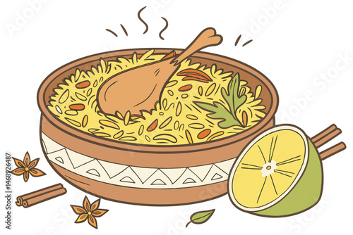 155 biryani indian food, steaming hot rice, spices, chicken, basmati rice, aromatic spices, saffron, cinnamon, cardamom, coriander, cilantro, lime wedge, savory, flavorful, detailed, realistic, 8k, st
