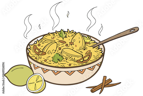 155 biryani indian food, steaming hot rice, spices, chicken, basmati rice, aromatic spices, saffron, cinnamon, cardamom, coriander, cilantro, lime wedge, savory, flavorful, detailed, realistic, 8k, st