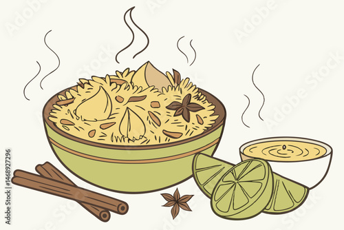 155 biryani indian food, steaming hot rice, spices, chicken, basmati rice, aromatic spices, saffron, cinnamon, cardamom, coriander, cilantro, lime wedge, savory, flavorful, detailed, realistic, 8k, st