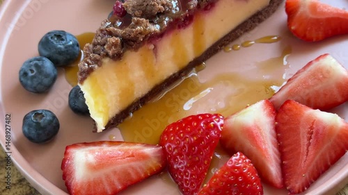 Eating cheesecake with strawberries and blueberries close up with maple syrup