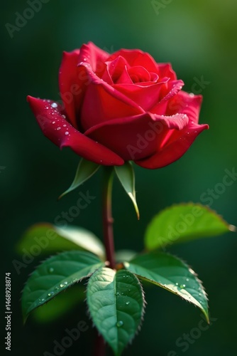 Velvet red rose, vibrant green leaves, dew drops , beauty, rose petals