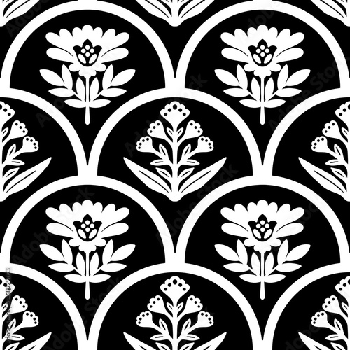 Scalloped arches floral seamless pattern. Hand drawn geometrical symmetrical flowers in black and white colors. Scallop half circle repeat botanical ornament