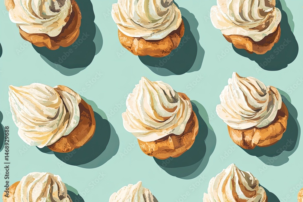 Cream Puffs Parade Sweet Pastry Pattern on Blue. Cream Puffs Parade Sweet Pastry Pattern on Blue.
