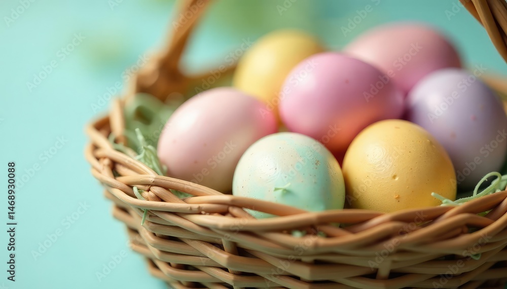 Close-up of pastel-colored Easter eggs in a basket Perfect for spring, Easter, and holiday themes , celebration, egg hunt, close-up Close-up of pastel-colored Easter eggs in a basket Perfect for spring, Easter, and holiday themes , celebration, egg hunt, close-up