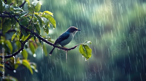 A sunbird perched on a soaked tree branch, its wings slightly spread to catch the falling rain, as the storm intensifies.