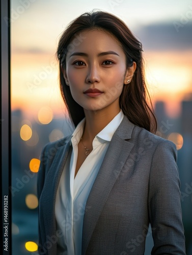 Elegant Businesswoman in Professional Attire Against Sunset Background