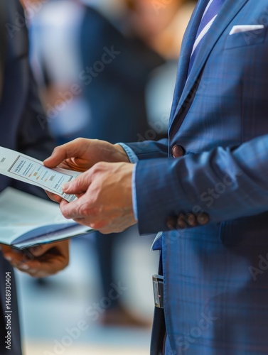 Business Professional Holding Brochure in Stylish Suit at Event