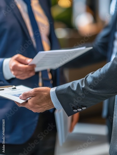 Business Professionals Engaging in Document Exchange in Modern Office