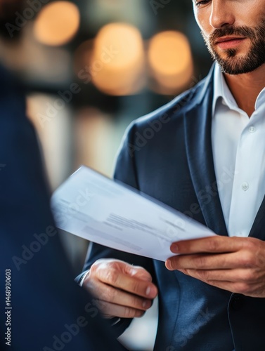 Professional Man in Suit Handling Documents in Modern Office Setting