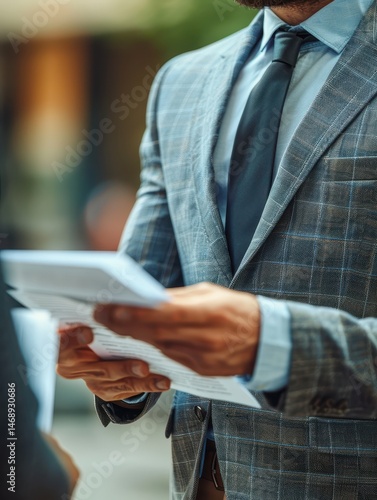Professional business attire with documents in outdoor meeting setting